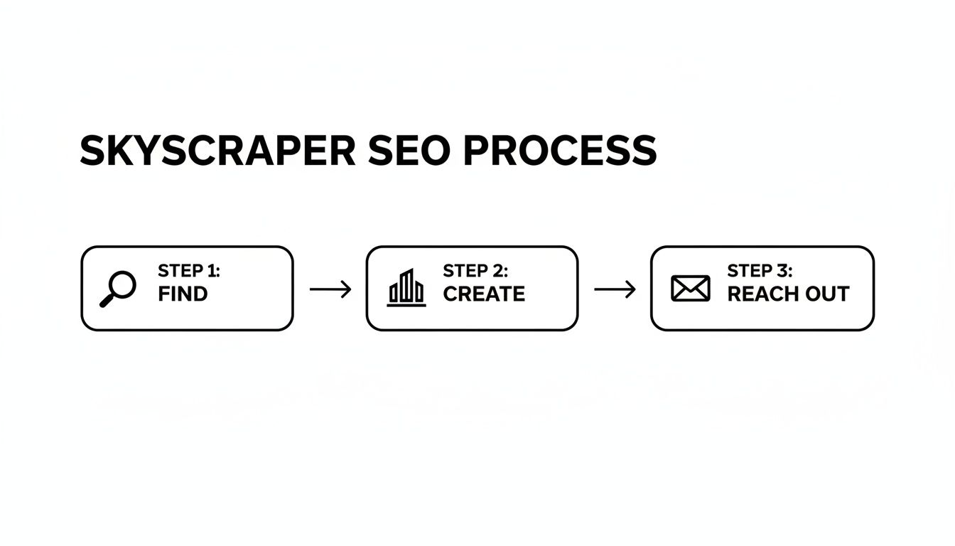 Flowchart illustrating the Skyscraper SEO process in three steps: Find, Create, and Reach Out.