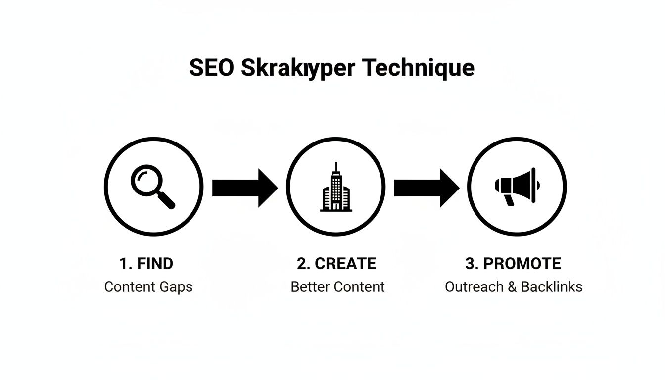 A diagram illustrating the SEO Skyscraper Technique, showing steps to find content gaps, create better content, and promote outreach.