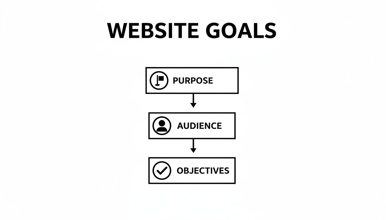 A simple flowchart outlining website goals: purpose, audience, and objectives, each with an icon.