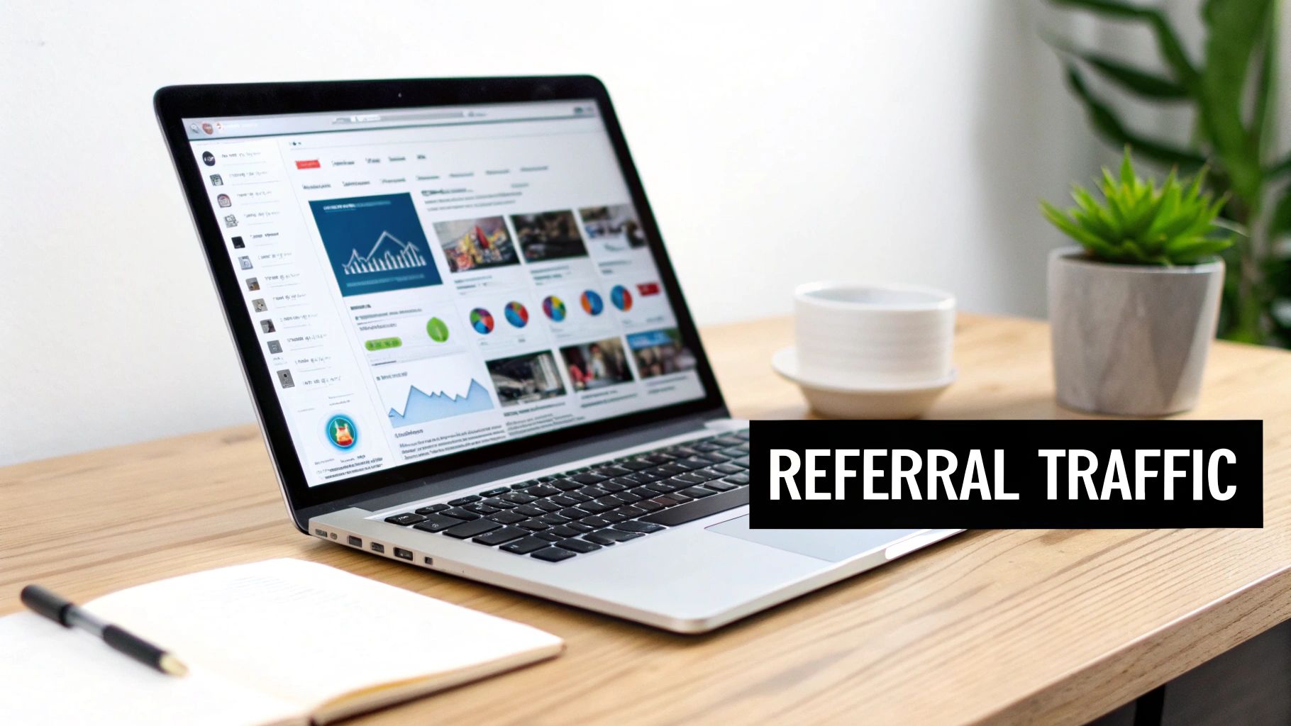 A laptop on a wooden desk displays web analytics charts and graphs, with a notebook, pen, and a plant.