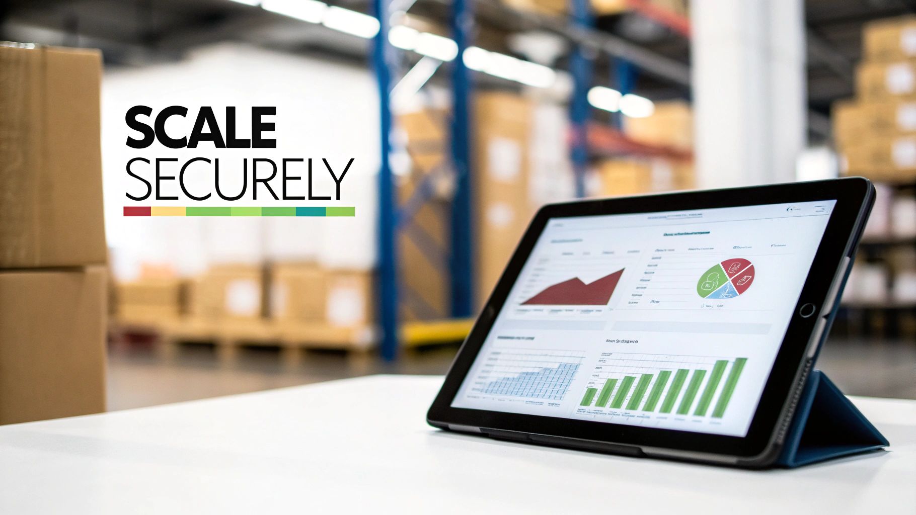 A tablet displays business analytics graphs and charts on a table in a logistics warehouse.