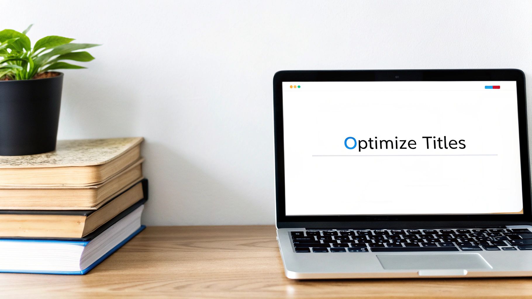 A laptop on a wooden desk displaying 'Optimize Titles' next to stacked books and a green plant.