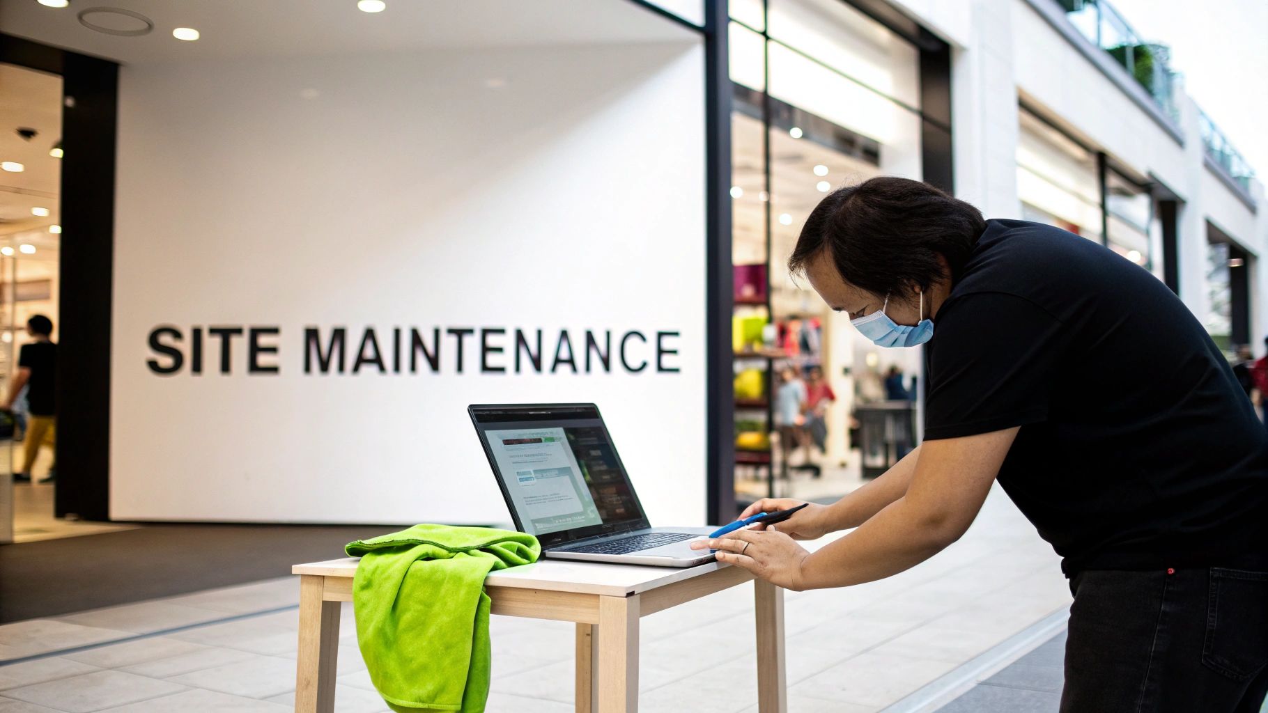 A masked person cleans a laptop on a table in front of a 'SITE MAINTENANCE' sign.