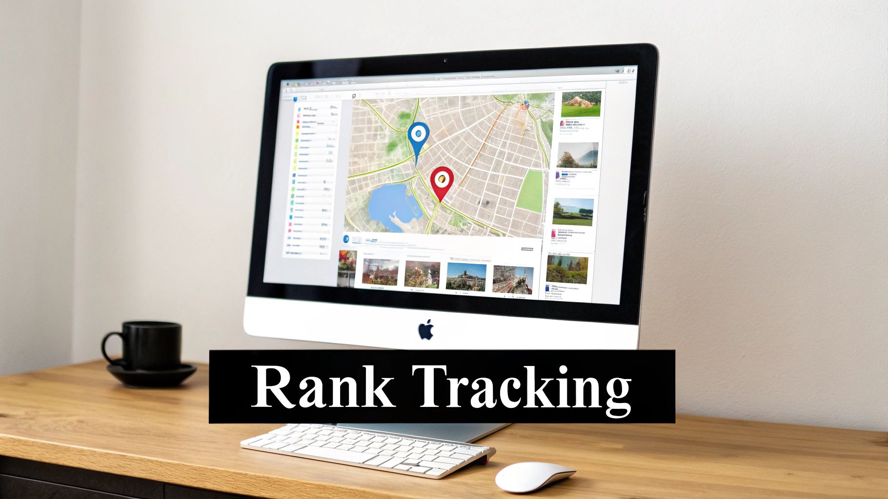 Computer screen displaying a map with location pins on a desk, paired with a 'Rank Tracking' overlay.