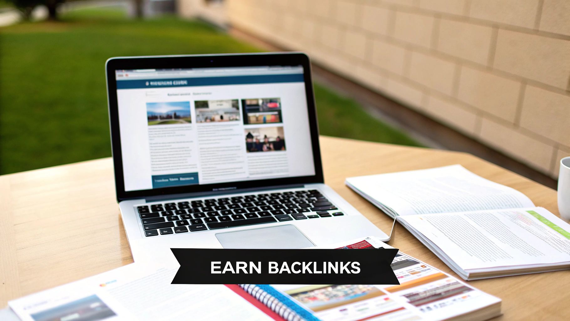 A laptop showing a website, open books, and an 'EARN BACKLINKS' banner on an outdoor table.