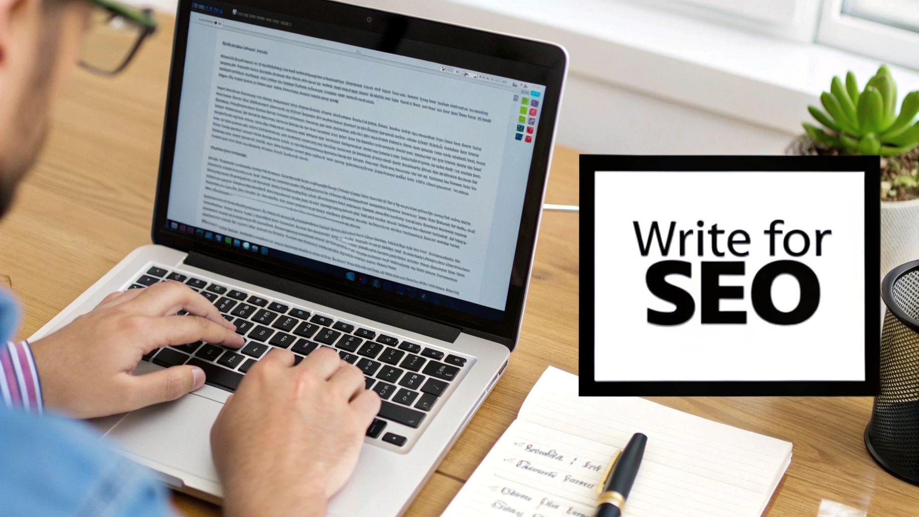 Person typing on laptop with Write for SEO sign, creating content for guest posting