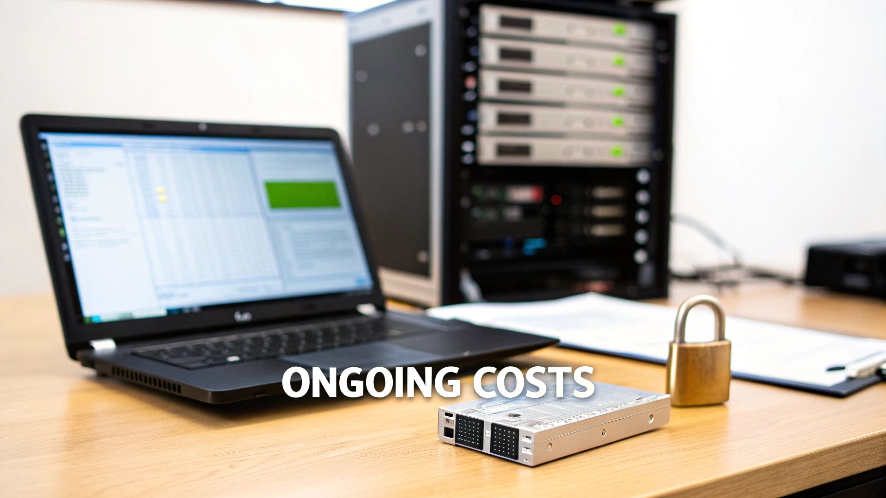 A laptop, server rack, and security padlock on a desk, symbolizing ongoing IT costs.
