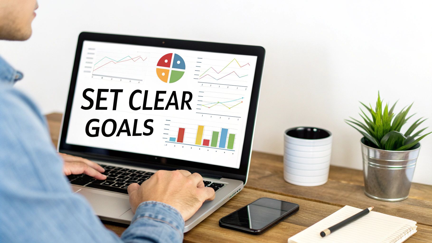 Man setting clear goals on a laptop with charts, a plant, and a notepad on a wooden desk.