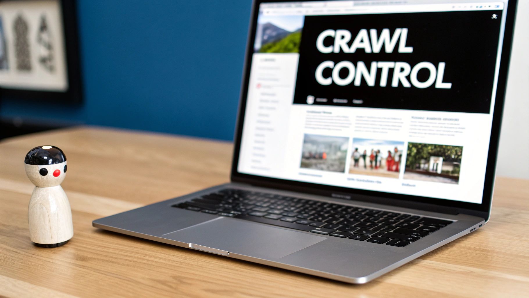 A laptop displaying 'Crawl Control' on a website, next to a wooden figurine on a desk.