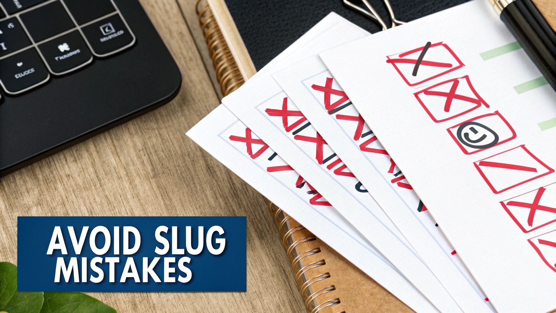 Stack of papers with checklists showing mostly red X's and one smiley face, next to a laptop and pen, with text 'AVOID SLUG MISTAKES'.