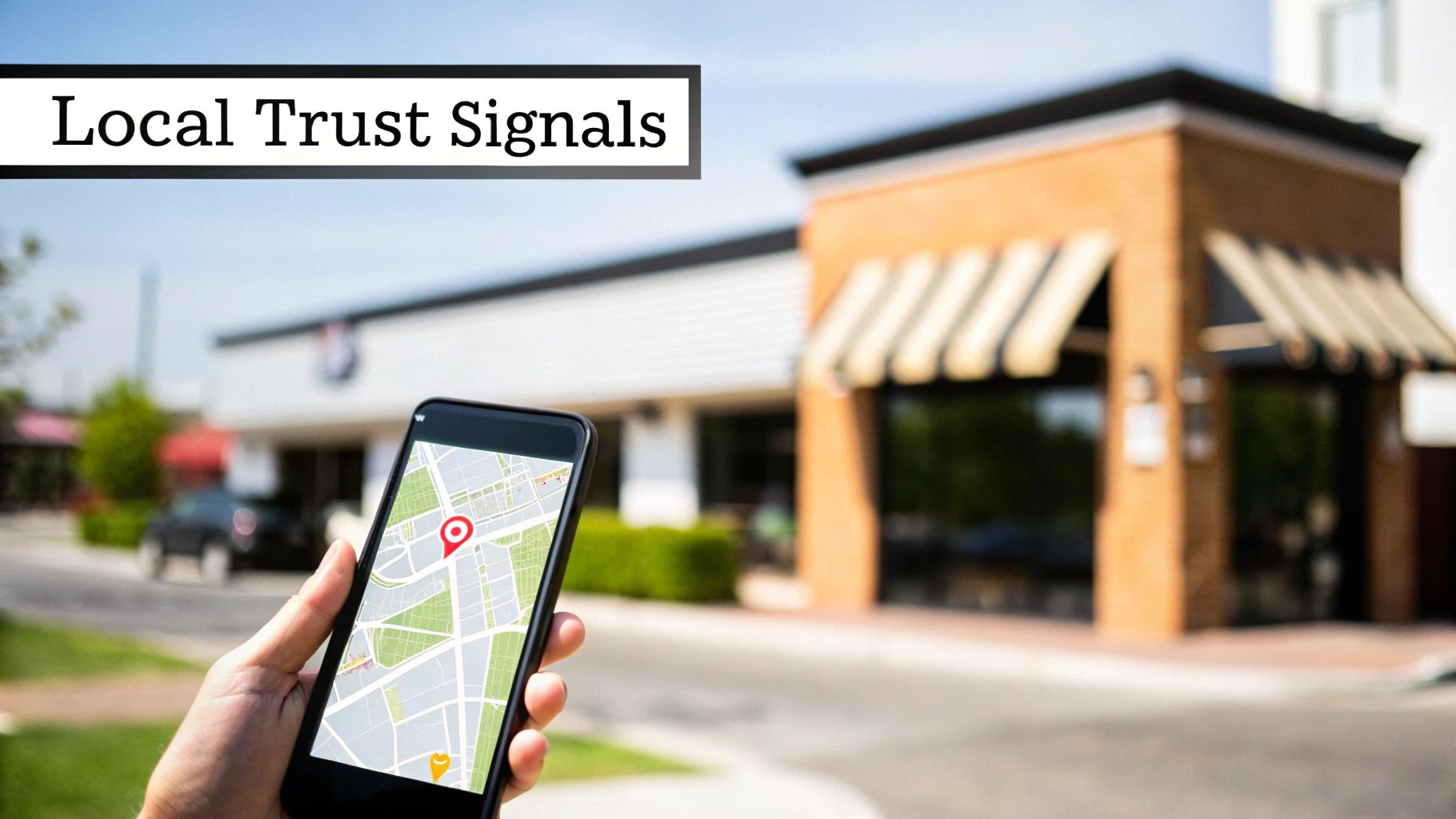 A hand holds a smartphone showing a map with a location pin, highlighting local trust signals.