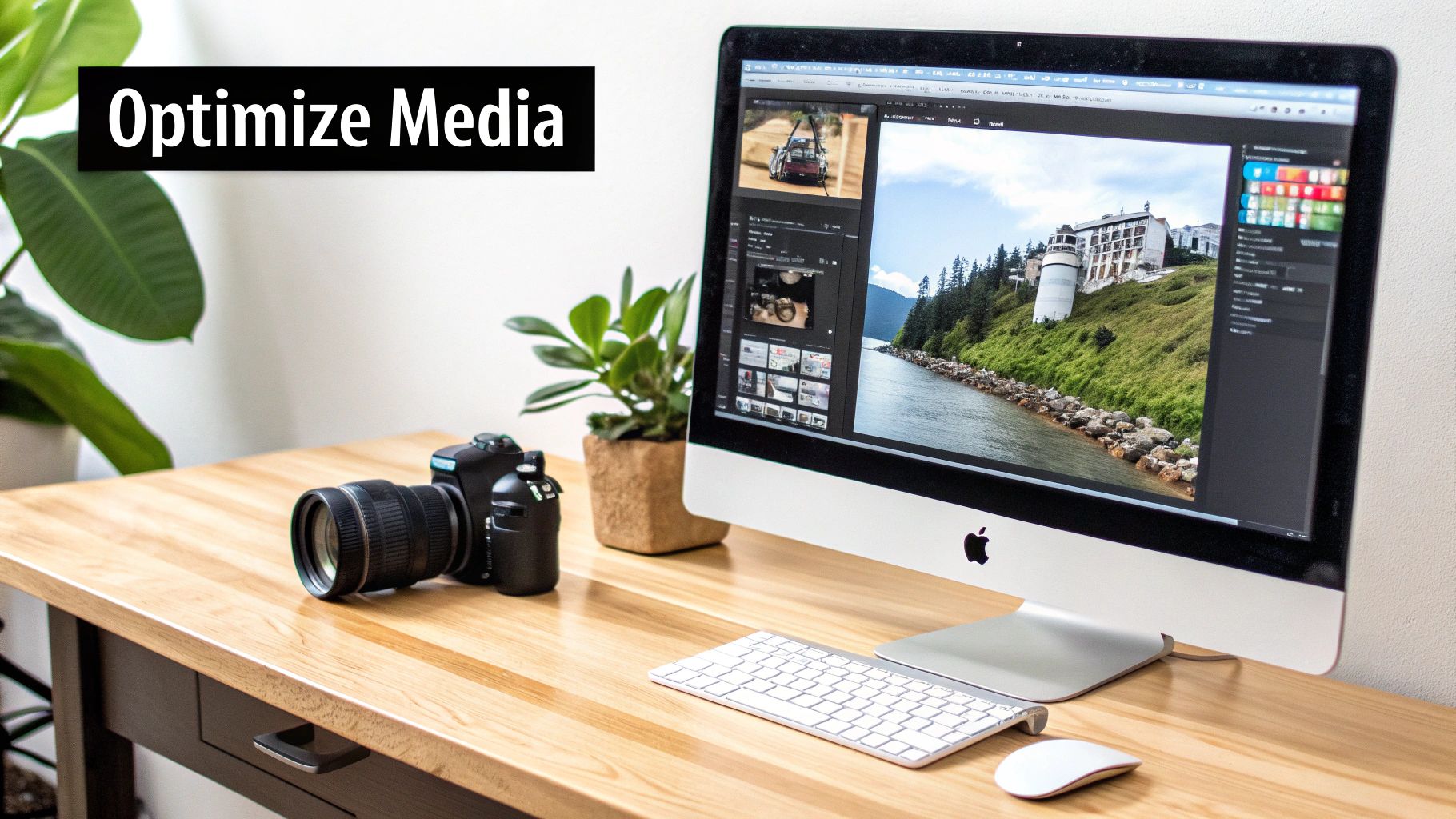 A desktop setup featuring an iMac displaying photo editing software, a DSLR camera, and a keyboard, representing media optimization.