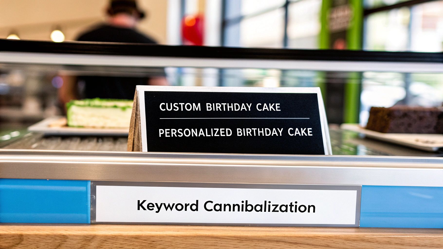 Signs for 'Custom Birthday Cake' and 'Personalized Birthday Cake' in a display case, illustrating keyword cannibalization.