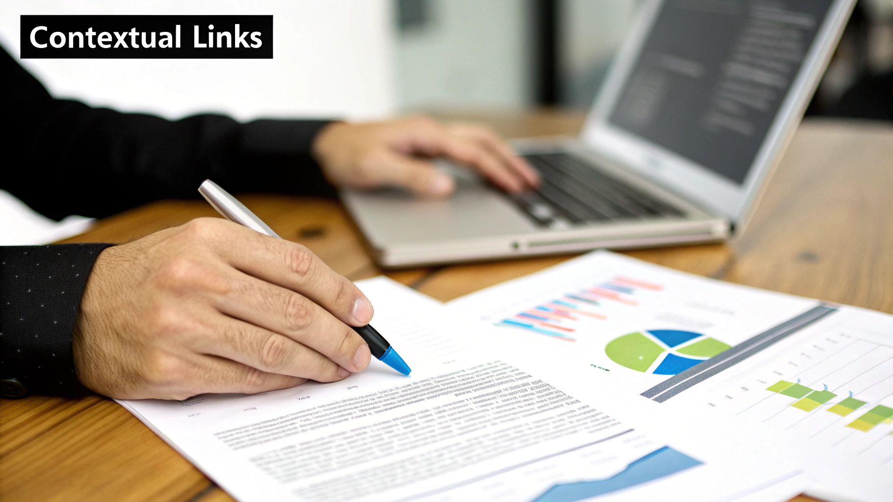 A person analyzing business reports with charts, writing, and typing on a laptop, featuring 'Contextual Links'.