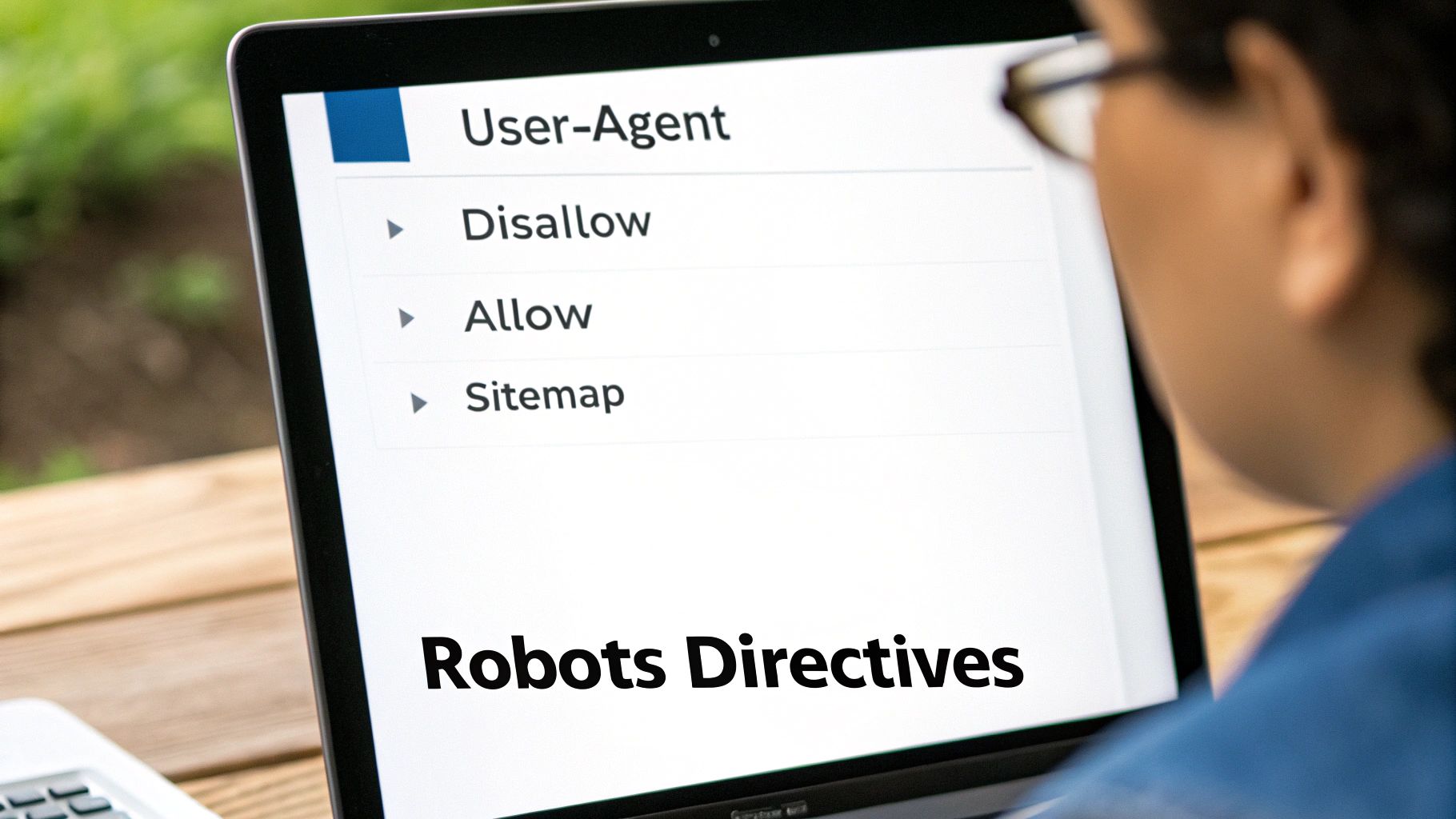A person viewing a laptop screen with 'Robots Directives' and options like User-Agent, Disallow, Allow, and Sitemap.