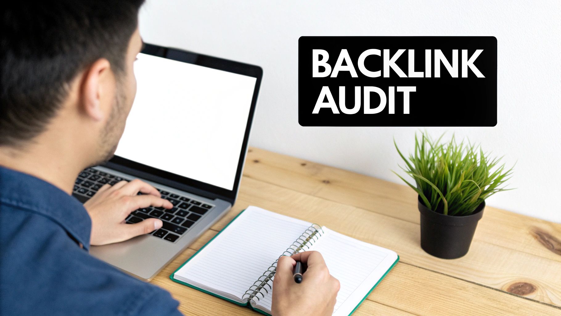 A person seen from behind, working on a laptop and writing in a notebook, with a 'BACKLINK AUDIT' sign on the wall.