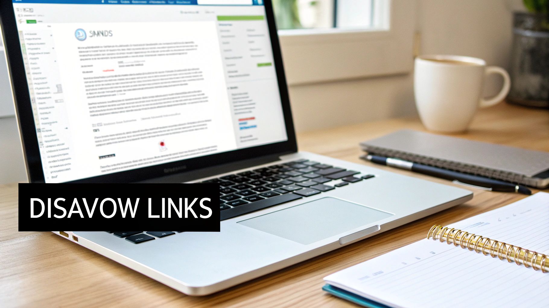 Laptop displaying 'DISAVOW LINKS' on a screen, with coffee and notebooks on a wooden desk.