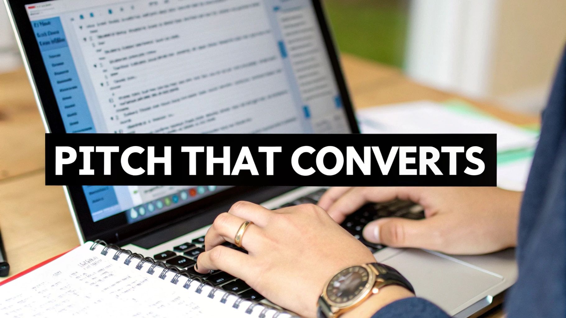 A person writing on a laptop, crafting an SEO guest post pitch.