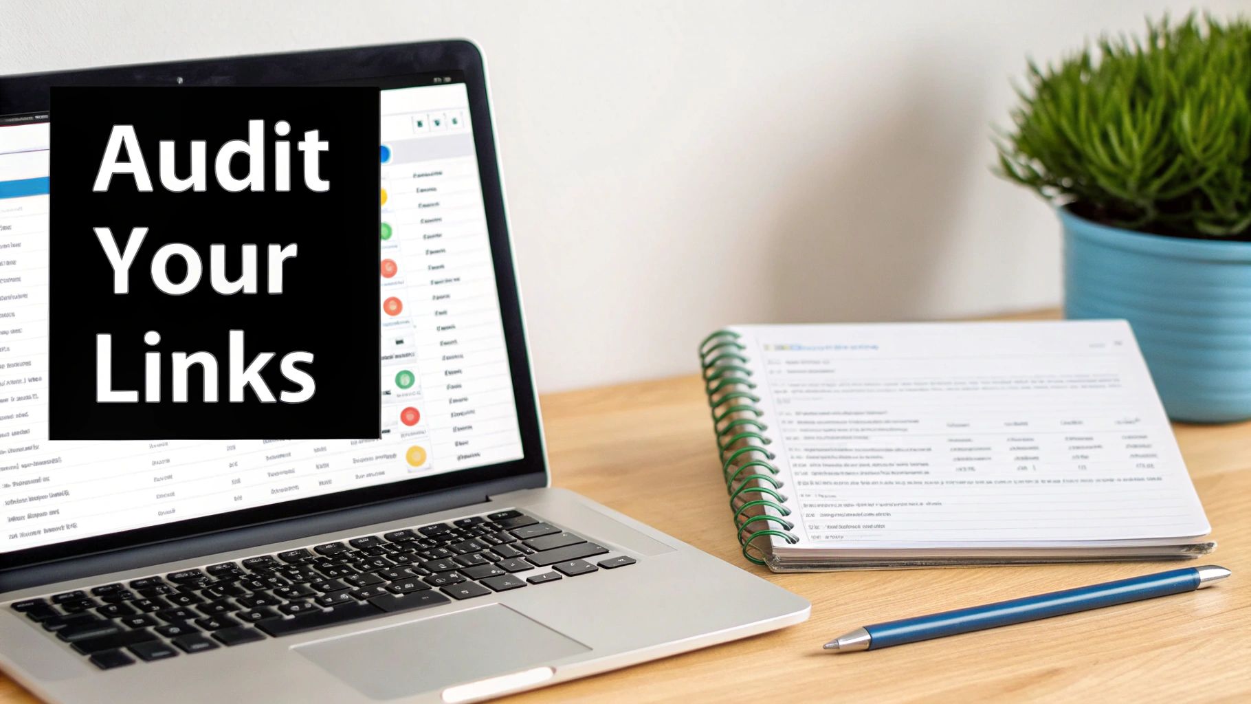 A laptop displays 'Audit Your Links' on its screen, beside a notebook, pen, and plant on a wooden desk.