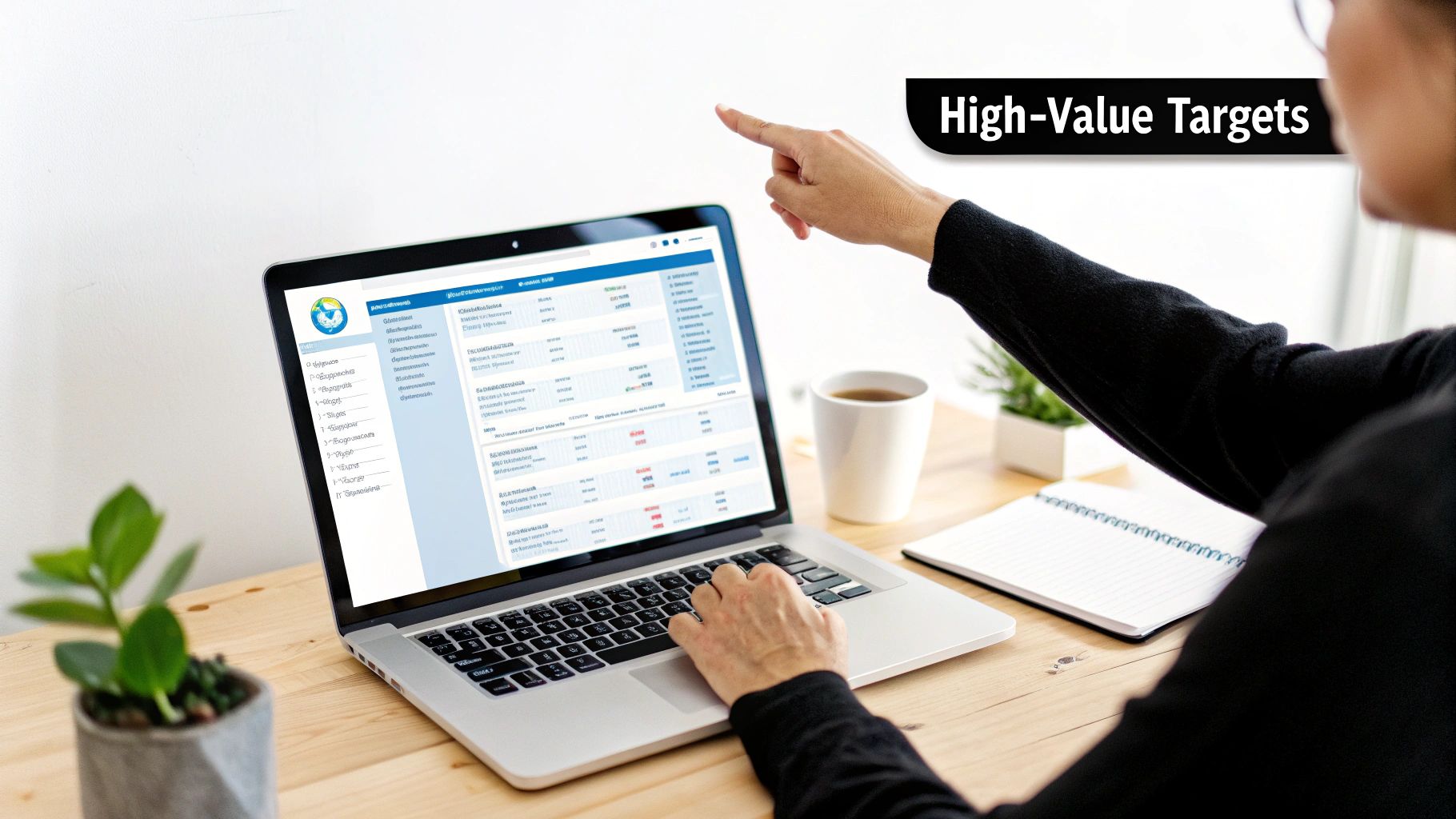 Person pointing at a laptop screen with data, while typing, with a 'High-Value Targets' banner.
