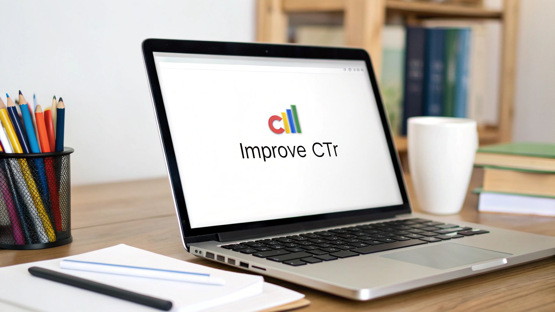 A laptop on a wooden desk displaying 'Improve CTr' with a colorful bar chart logo and office supplies.
