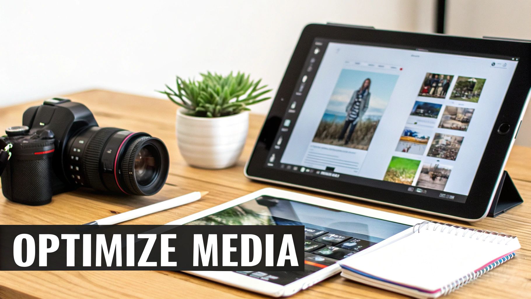 A camera, two tablets, a pen, and a notepad on a wooden desk, for media optimization.