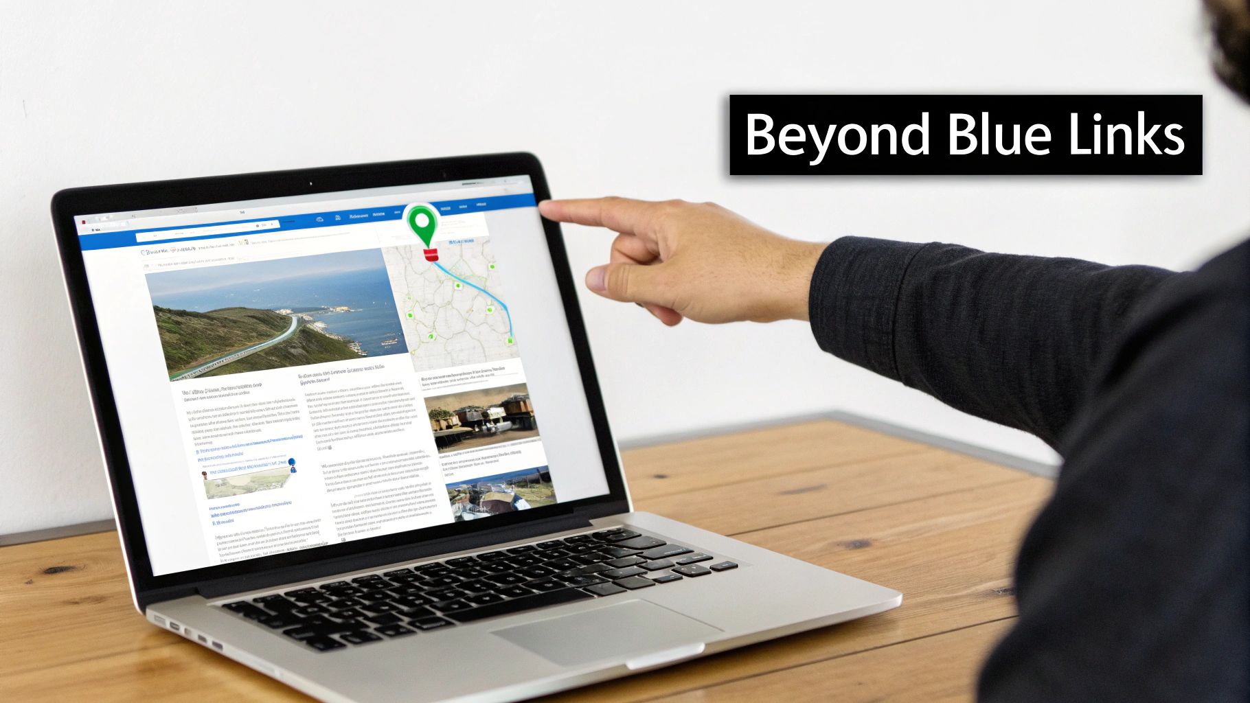 A person points at a laptop displaying a web page with a map, images, and text, illustrating rich search results.