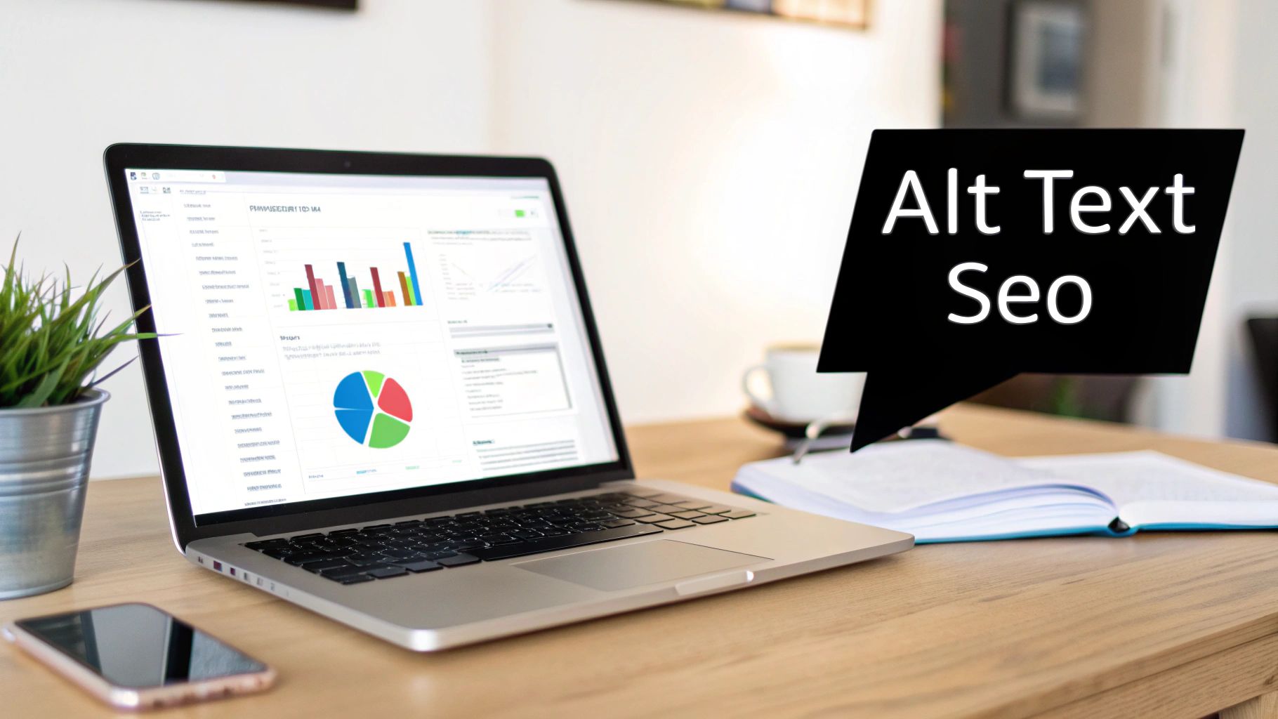 A laptop on a wooden desk displays data graphs and charts, with a speech bubble saying 'Alt Text Seo'.
