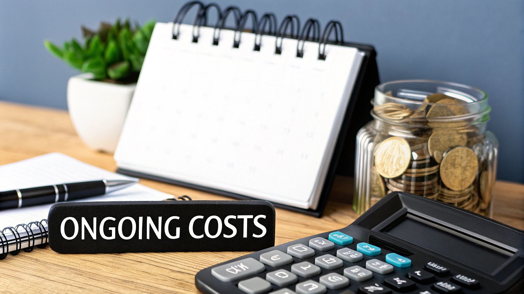 A desk with an 'ONGOING COSTS' sign, calculator, coin jar, calendar, and notebook, symbolizing financial management.