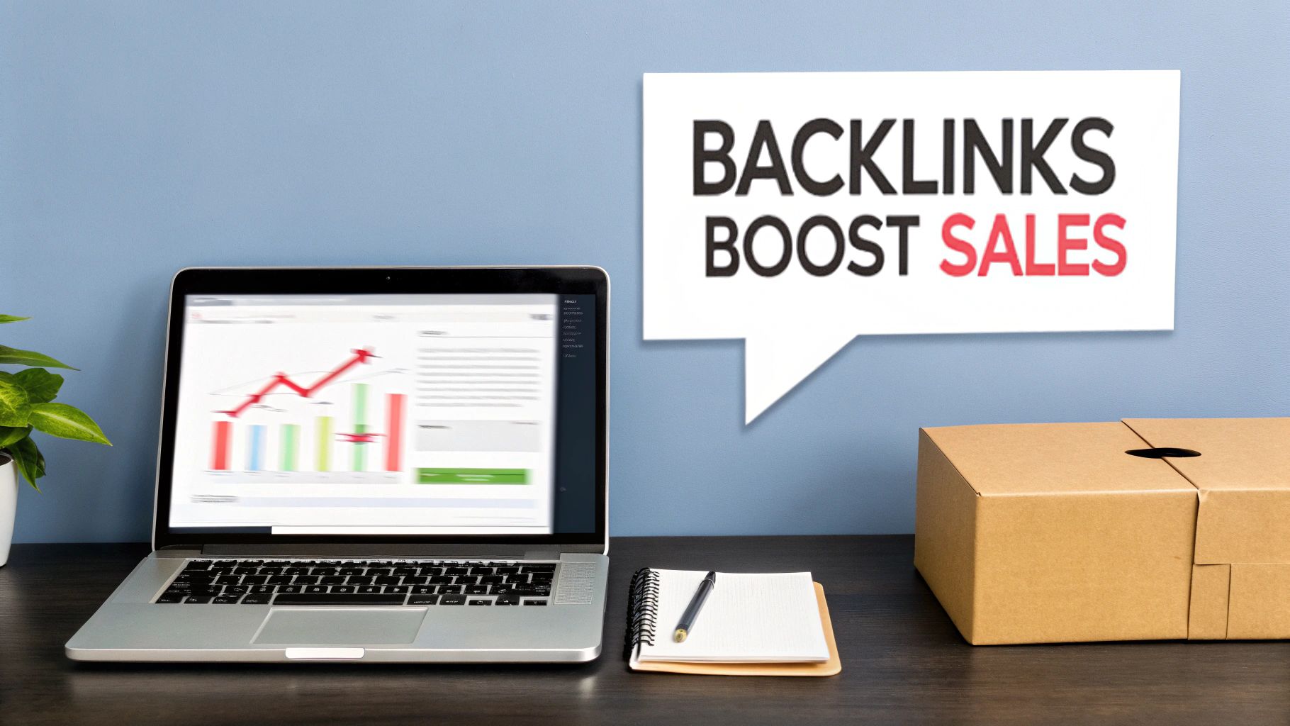 A modern desk with a laptop displaying a sales growth chart and a speech bubble stating 'Backlinks Boost Sales'.
