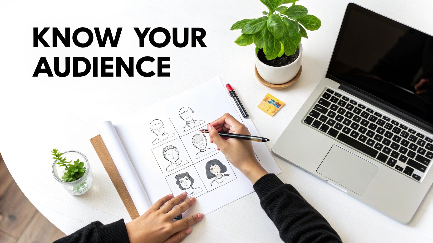 A person at a desk planning out website copy on sticky notes, representing the foundational stage of writing.