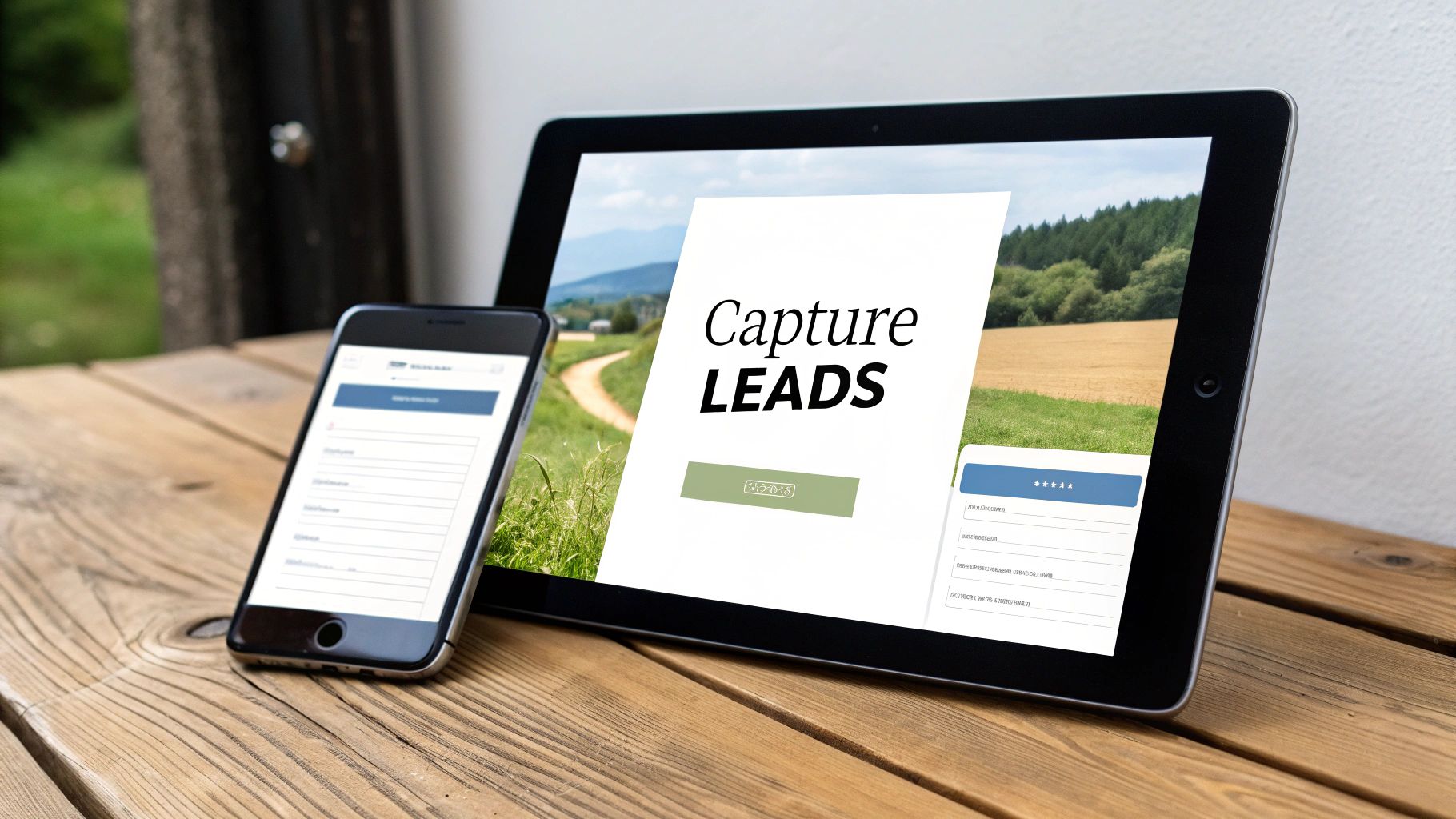 A person optimizing a website on a laptop, with arrows pointing from the site to lead icons.