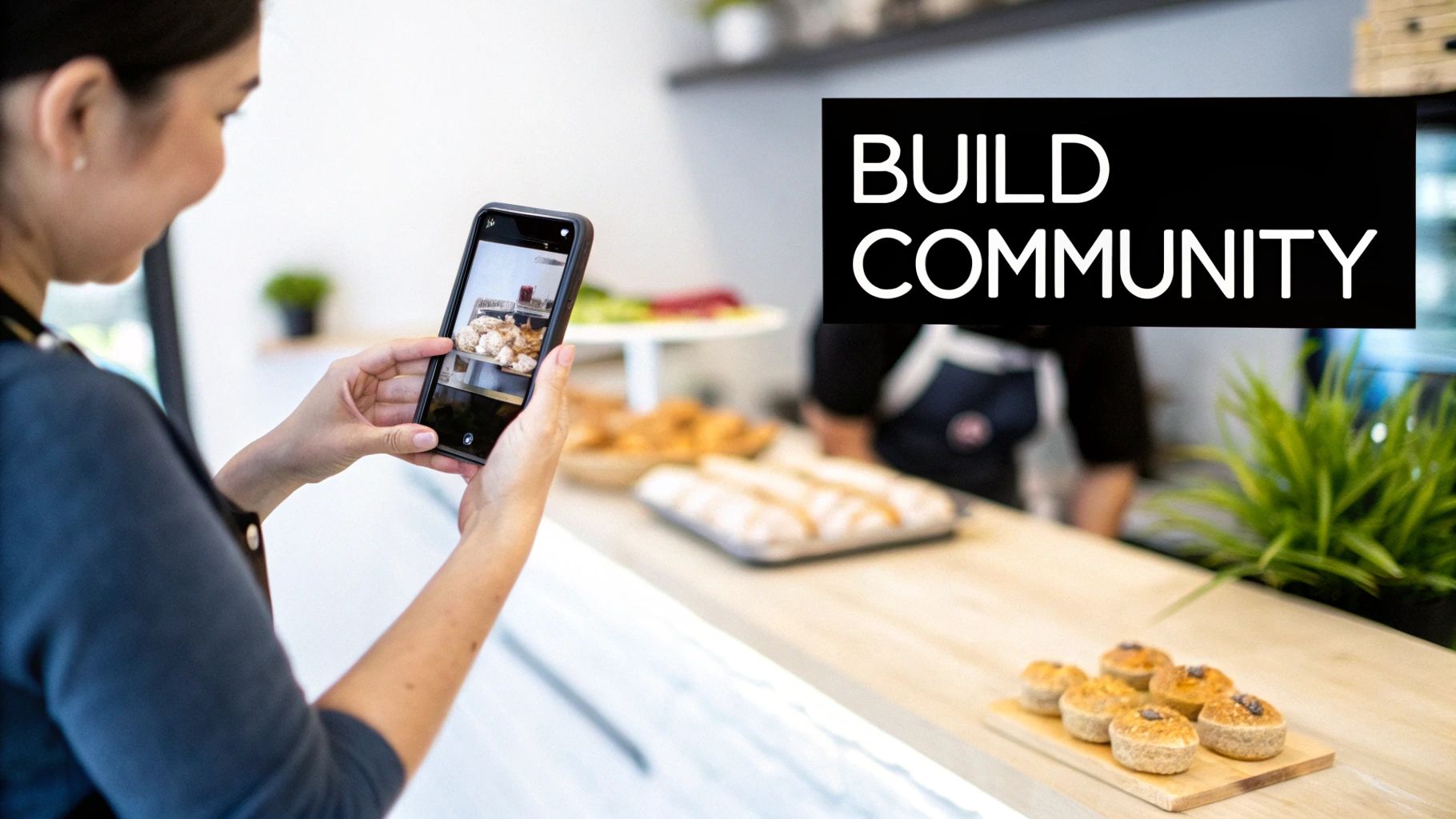A person uses a smartphone to photograph delicious baked goods on a counter in a cafe.