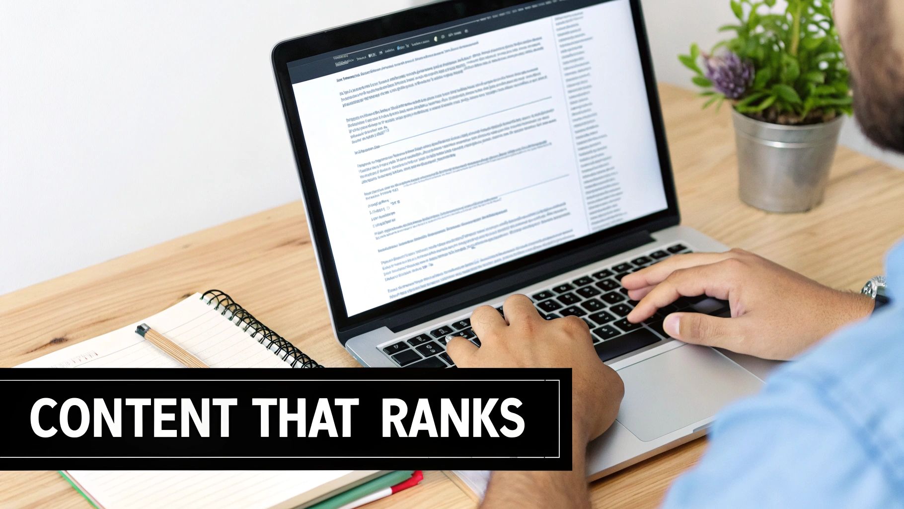 A person typing on a laptop displaying text, with a notebook and plant on a wooden desk.