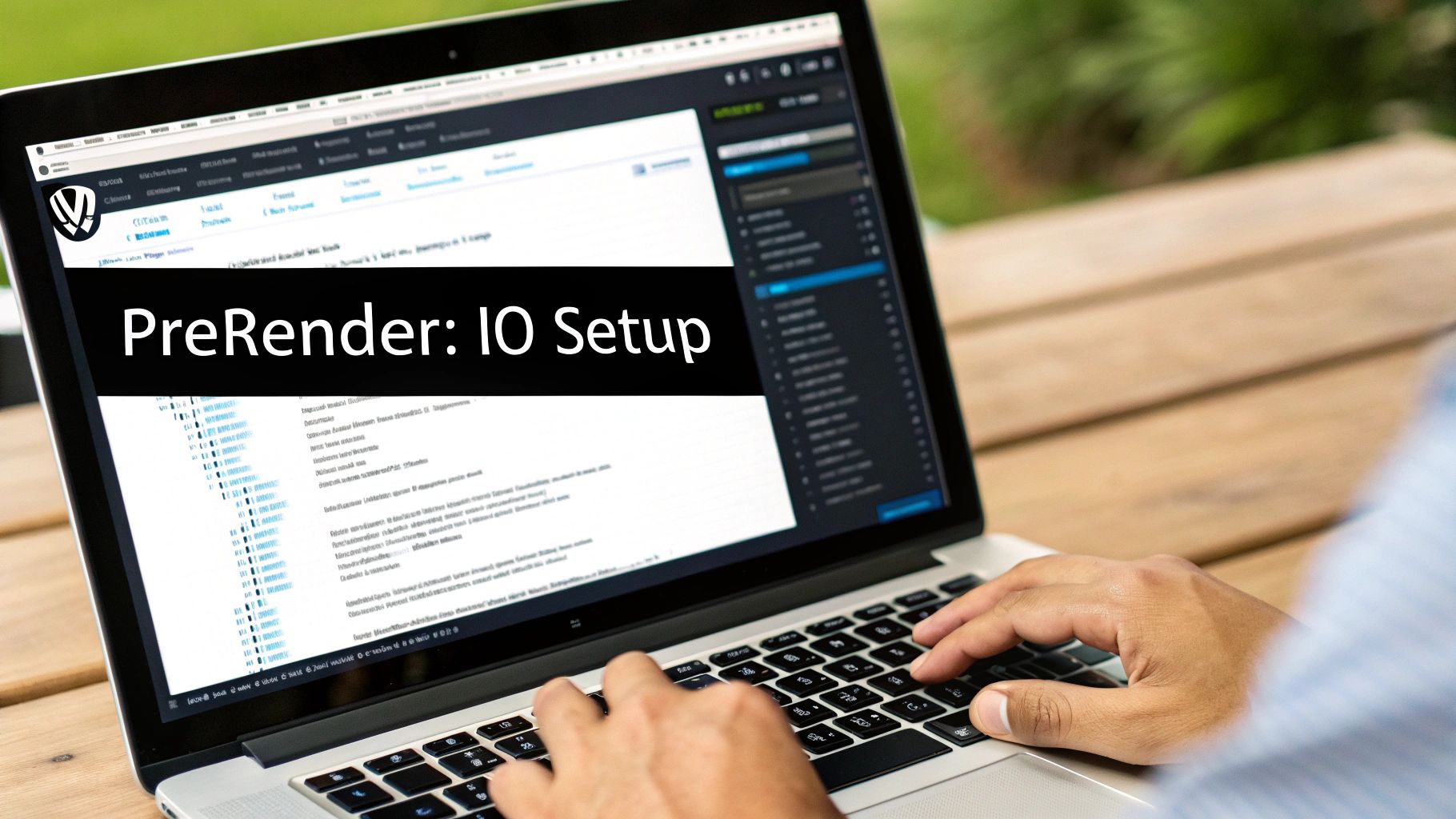 A person's hands typing on a laptop keyboard with 'PreRender: IO Setup' displayed on the screen.