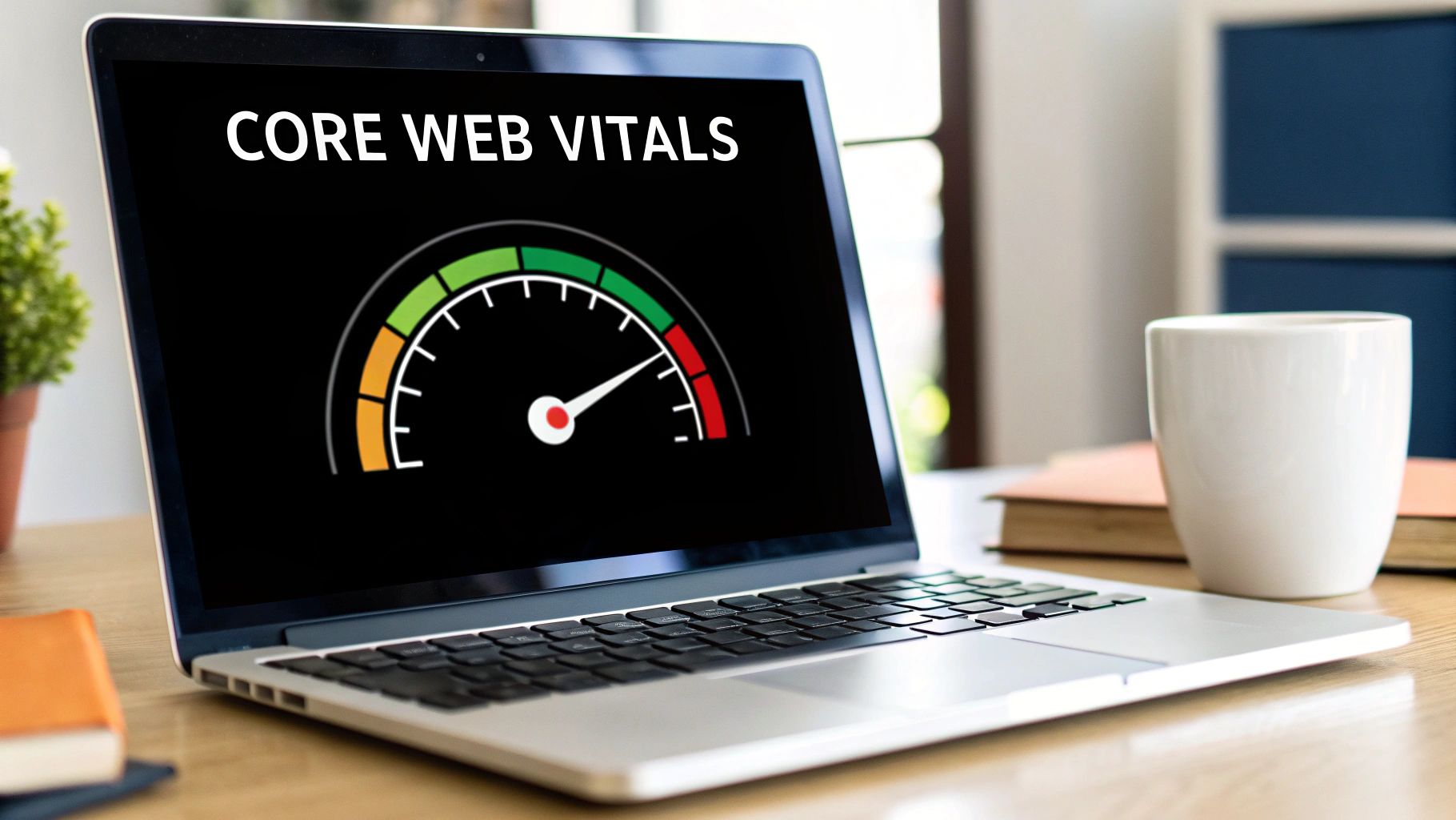 A laptop screen displays 'Core Web Vitals' and a speed gauge in the red zone.