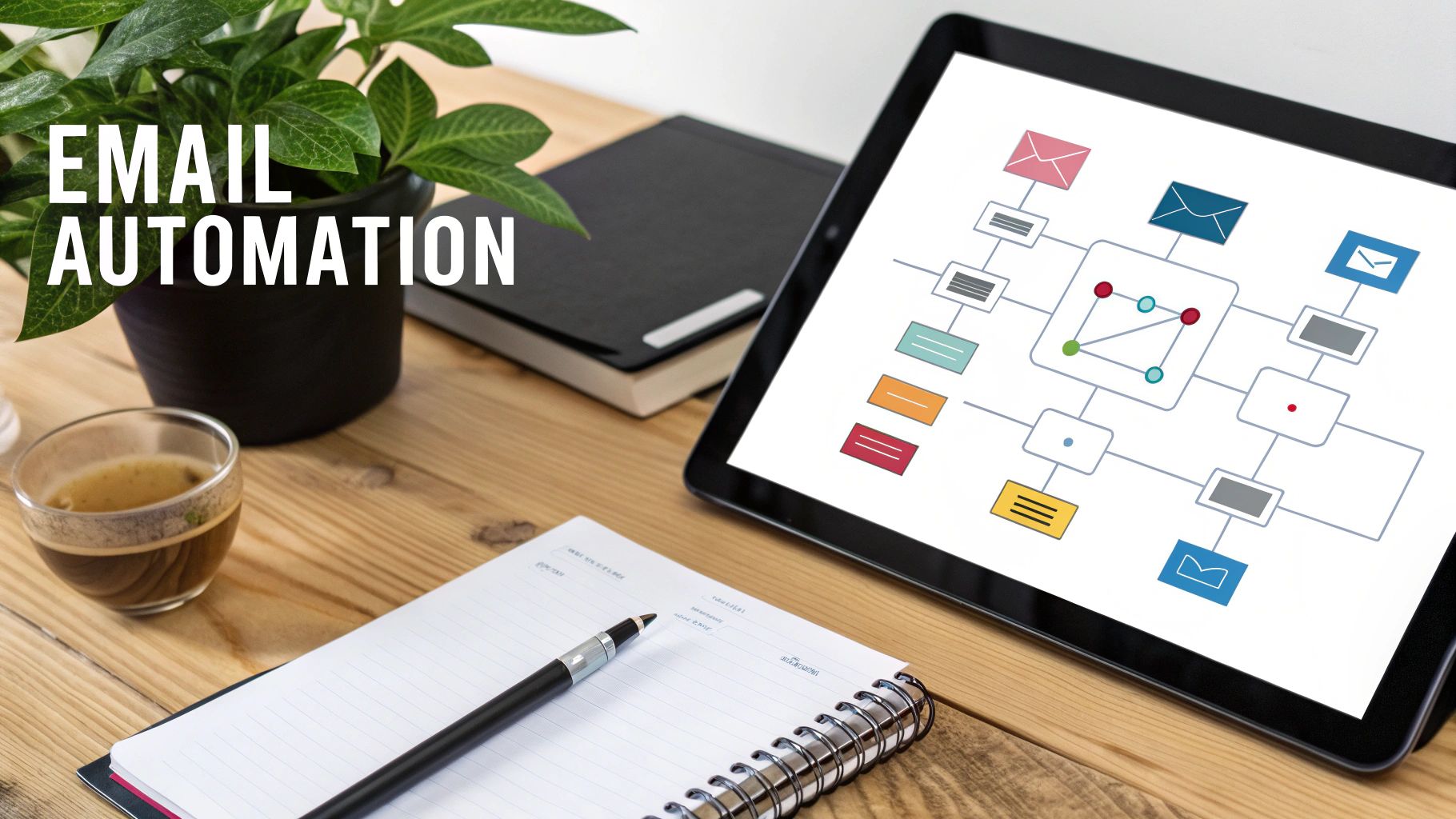 A desk setup with a tablet displaying an email automation flowchart, notebook, pen, and coffee, highlighting digital marketing.