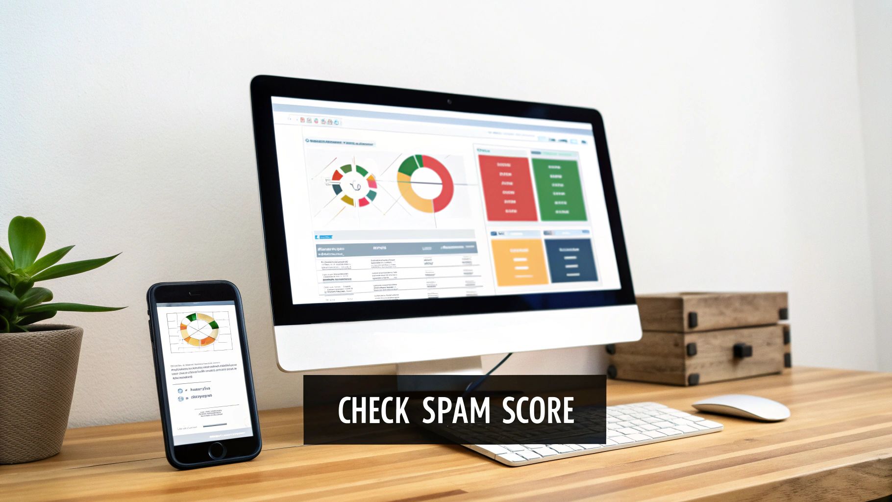 Modern desk with computer and phone displaying data analytics, featuring 'CHECK SPAM SCORE' text.