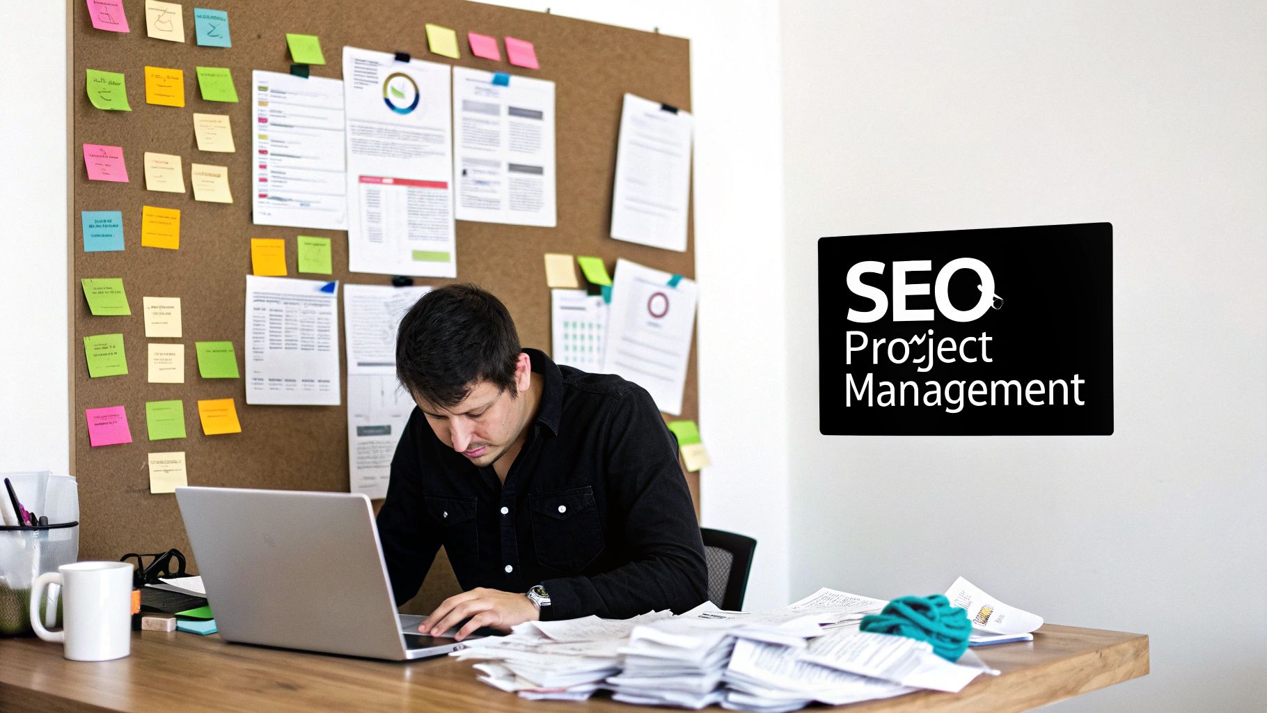 Man working on a laptop at a desk with papers, a corkboard, and a 'SEO Project Management' sign.