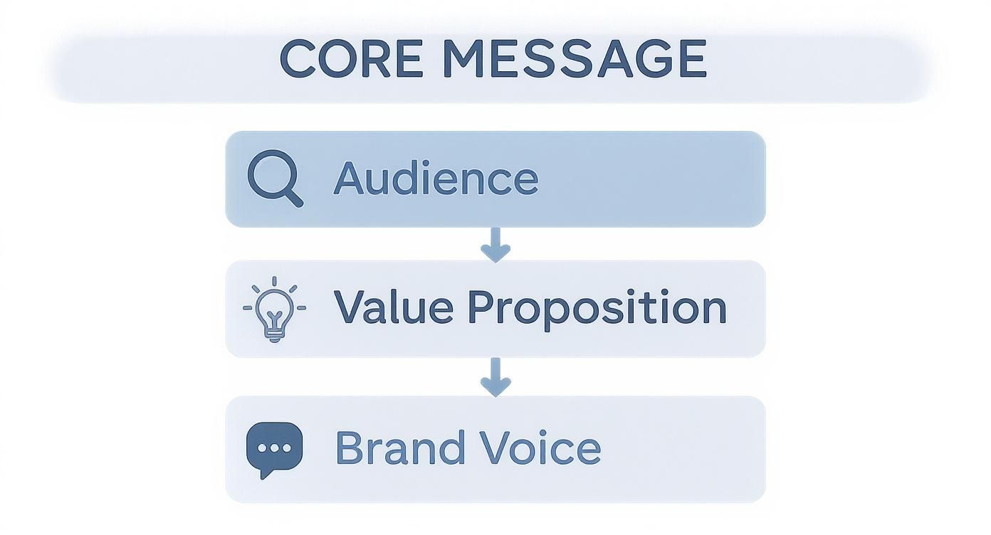 Infographic showing a hierarchy diagram for structuring your core message, starting with Audience, followed by Value Proposition, and then Brand Voice.