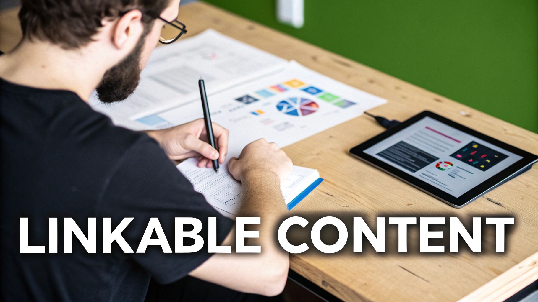 Bearded man writing notes, surrounded by data charts and a tablet on a wooden desk.
