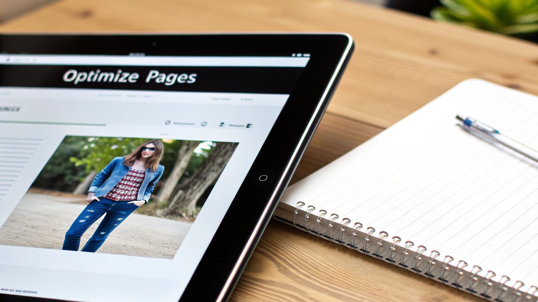 A tablet displays a webpage titled 'Optimize Pages' next to a spiral notebook and pen on a wooden desk.