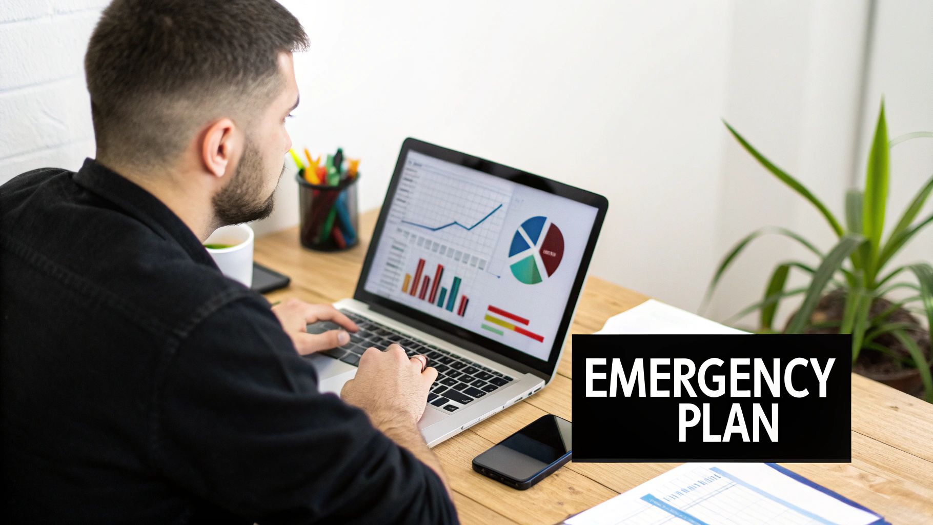Man analyzing data on a laptop with charts and graphs, preparing an 'EMERGENCY PLAN'.