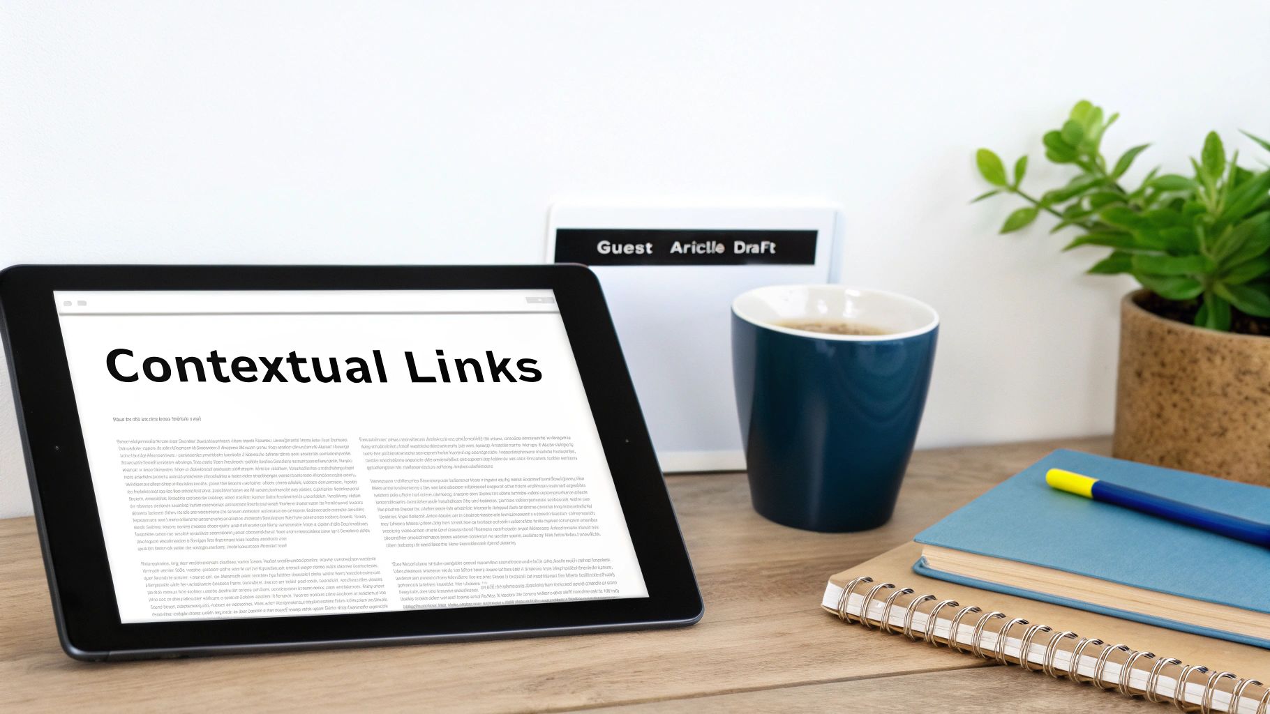 A tablet displaying 'Contextual Links' on a desk with coffee, notebooks, and a 'Guest Article Draft' sign.