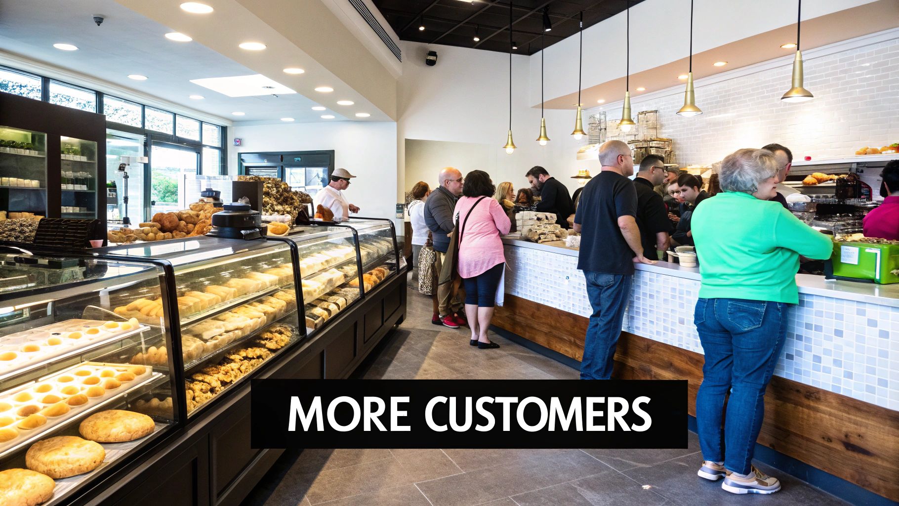 Busy bakery interior with customers lining up at a counter filled with fresh baked goods.