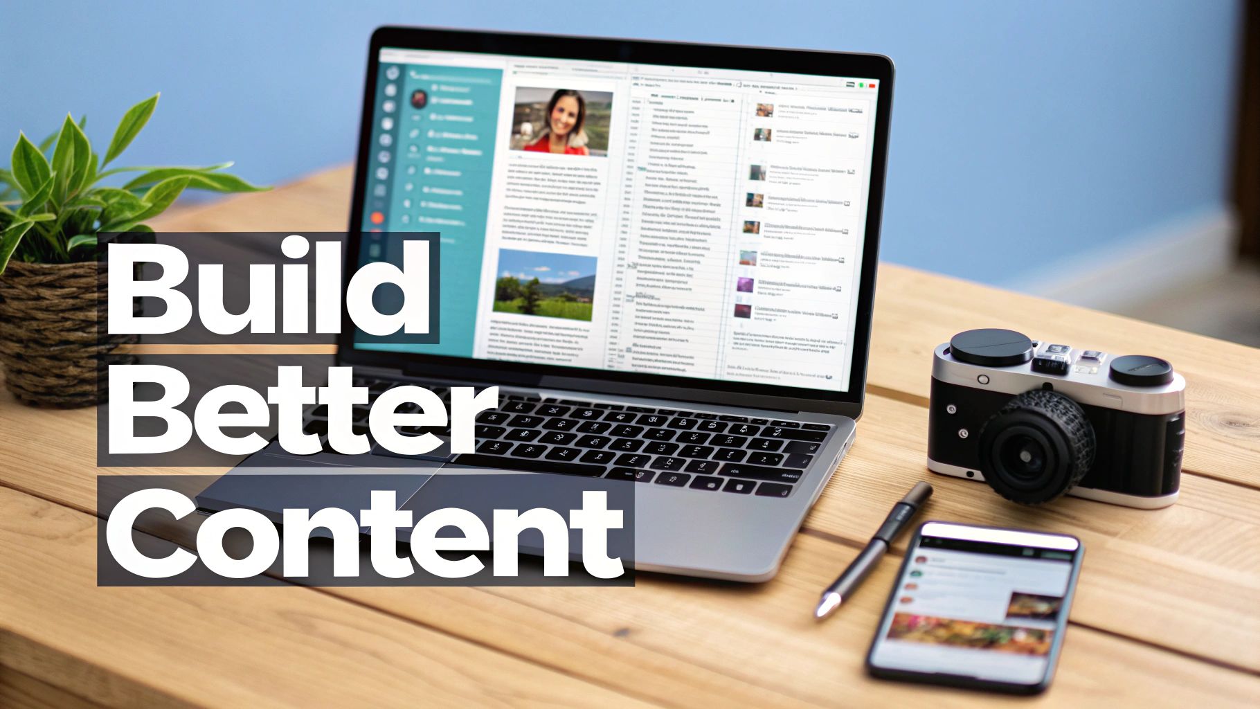A laptop, camera, and smartphone on a wooden desk with 'Build Better Content' text overlay.
