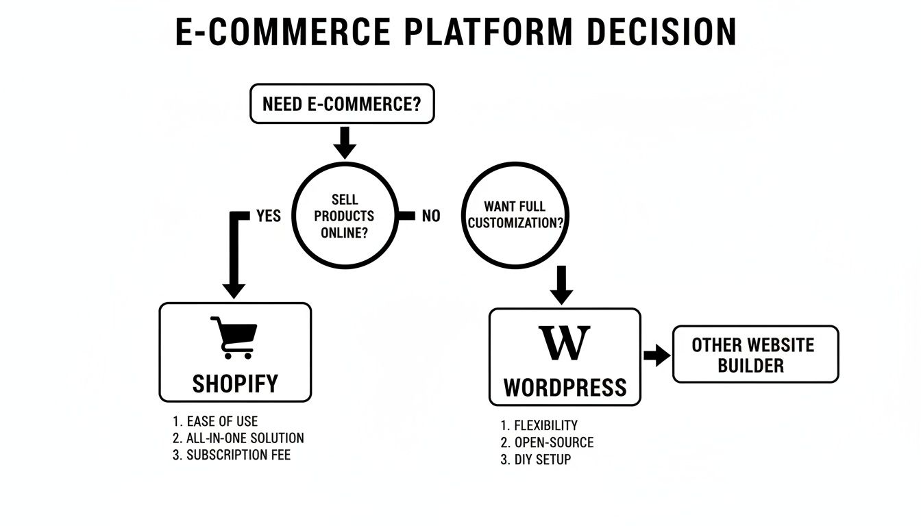 Flowchart guiding e-commerce platform selection: Shopify for online sales, WordPress for customization, or other builders.