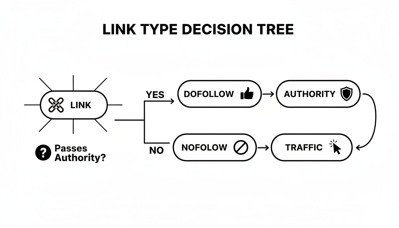 Decision tree showing if a link passes authority, leading to dofollow for authority or nofollow for traffic.
