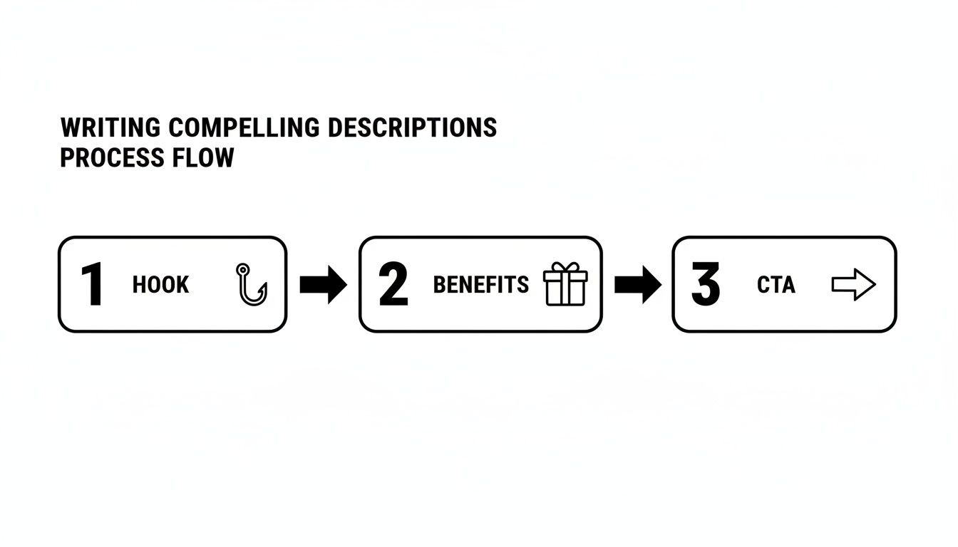 Process flow outlining three steps for writing compelling descriptions: Hook, Benefits, and CTA.
