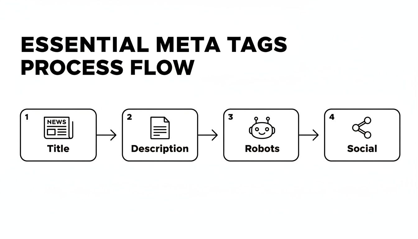 A process flow diagram showing four essential meta tags: Title, Description, Robots, and Social for SEO.